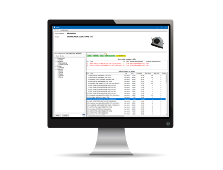 grafika przedstawiająca monitor ze zrzutem ekranu z programu ANALIZATOR AUKCJI, na nim konfiguracja analizy aukcji