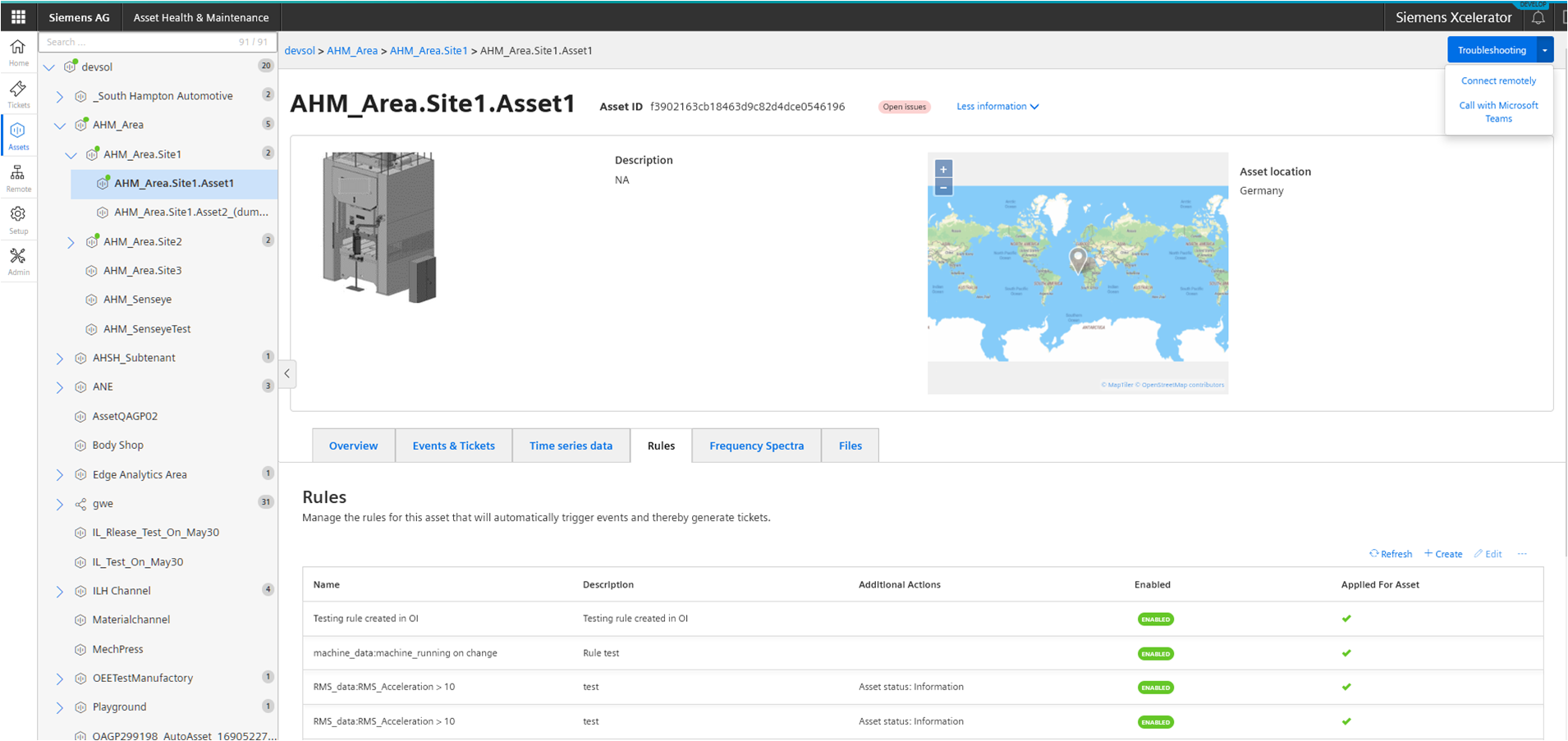 zrzut ekranu z aplikacji asset health & maintenance przedstawiający reguły ustalone dla monitorowanej maszyny
